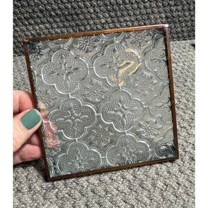 Clear Patterned Glass Candle Holder 4" Square w/Copper Trim and Feet, Coaster